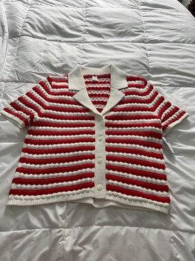Old Navy Red & Cream Striped Short-Sleeve Knit Cardigan